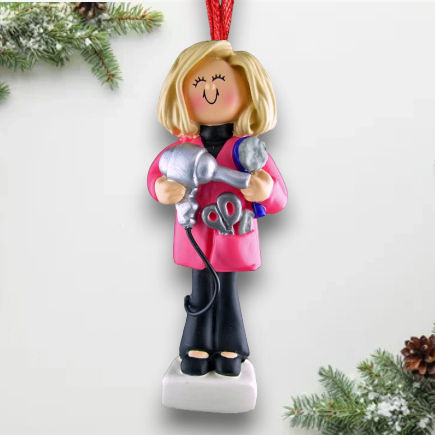 Personalized Blonde Female Hairdresser Christmas Ornament with Hairdryer and Scissors – Custom Name and Year Resin Ornament
