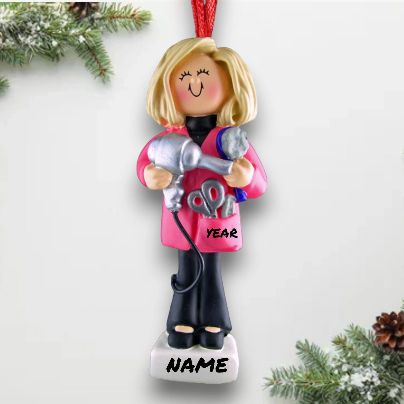 Personalized Blonde Female Hairdresser Christmas Ornament with Hairdryer and Scissors – Custom Name and Year Resin Ornament