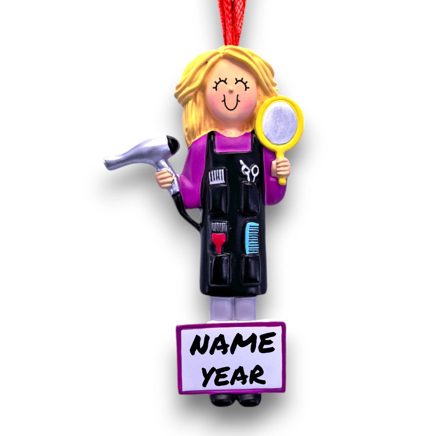 Personalized Blonde Female Hair Stylist Christmas Ornament with Hairdryer and Mirror – Custom Name and Year Resin Ornament

