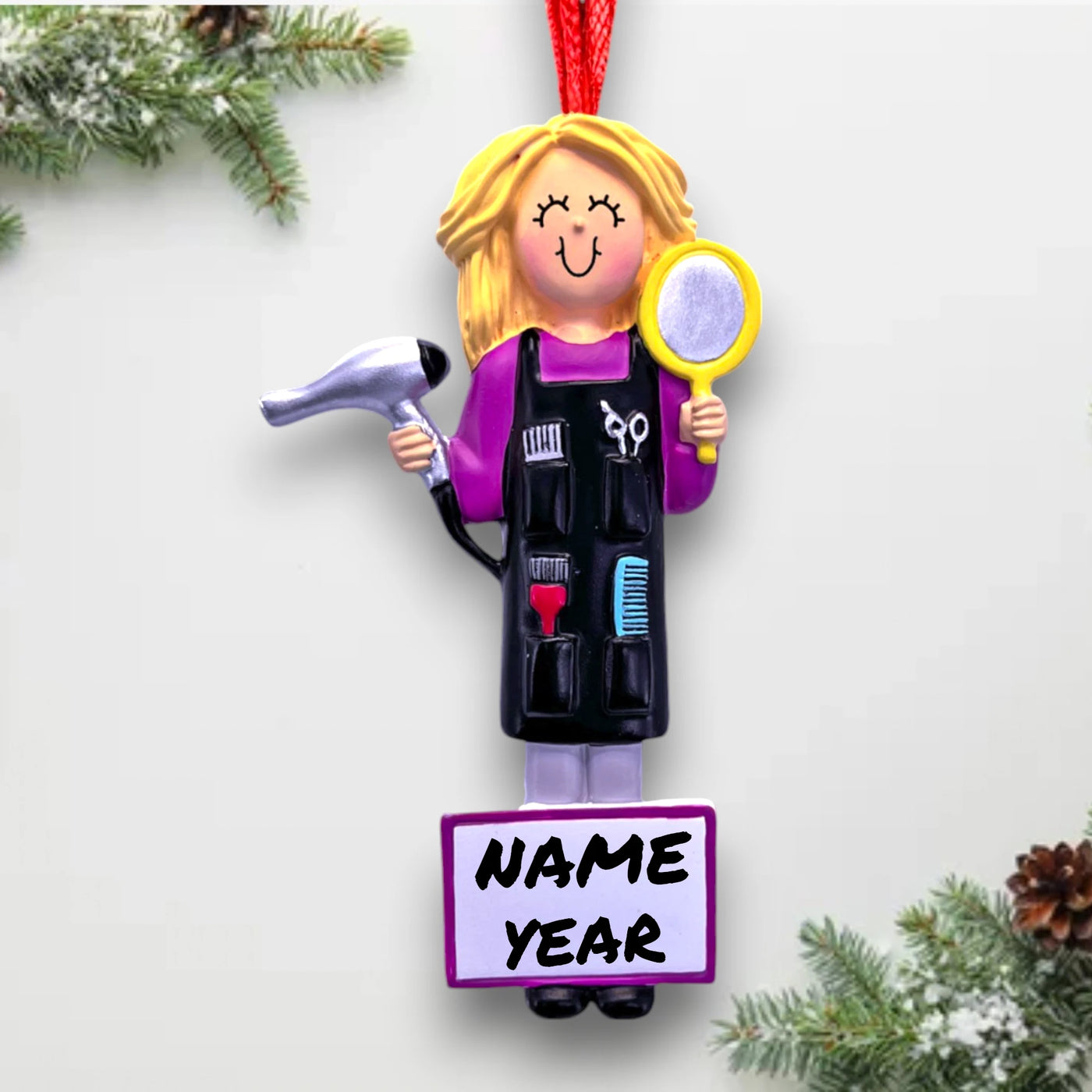 Personalized Blonde Female Hair Stylist Christmas Ornament with Hairdryer and Mirror – Custom Name and Year Resin Ornament

