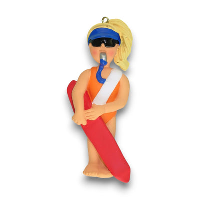 Personalized Blonde Female Lifeguard Christmas Ornament with Rescue Float – Custom Name and Year Resin Ornament