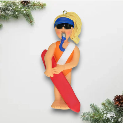 Personalized Blonde Female Lifeguard Christmas Ornament with Rescue Float – Custom Name and Year Resin Ornament