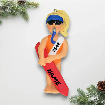 Personalized Blonde Female Lifeguard Christmas Ornament with Rescue Float – Custom Name and Year Resin Ornament