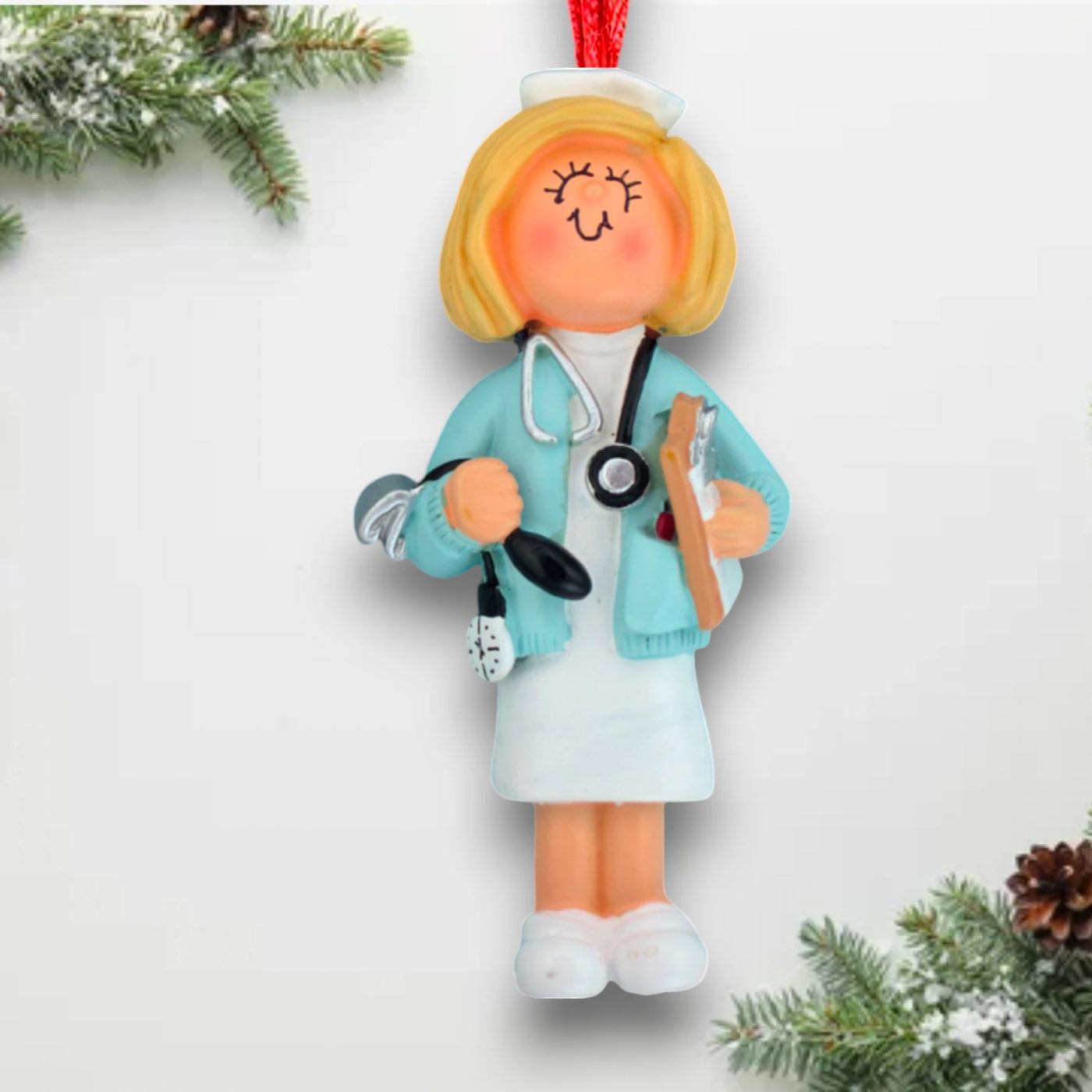 Personalized Blonde Female Nurse Christmas Ornament with Medical Tools – Custom Name and Year Resin Ornament