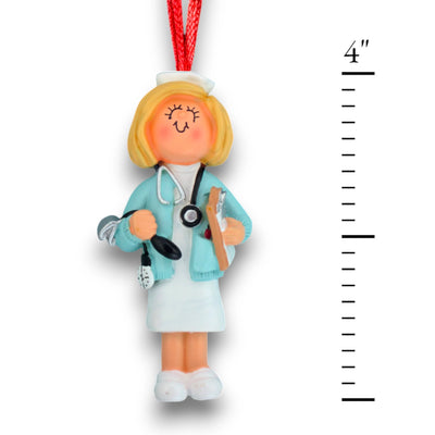 Personalized Blonde Female Nurse Christmas Ornament with Medical Tools – Custom Name and Year Resin Ornament