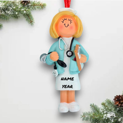 Personalized Blonde Female Nurse Christmas Ornament with Medical Tools – Custom Name and Year Resin Ornament