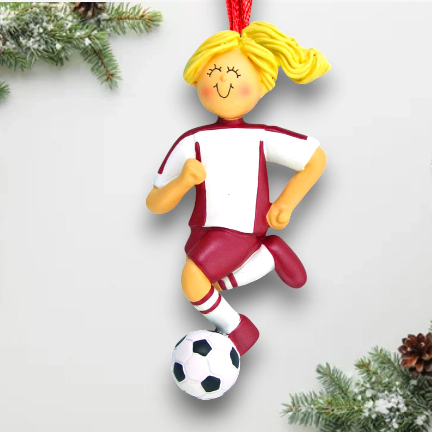 Personalized Blonde Female Dribbling Soccer Ornament in Red Uniform, customizable with name, team, and year.