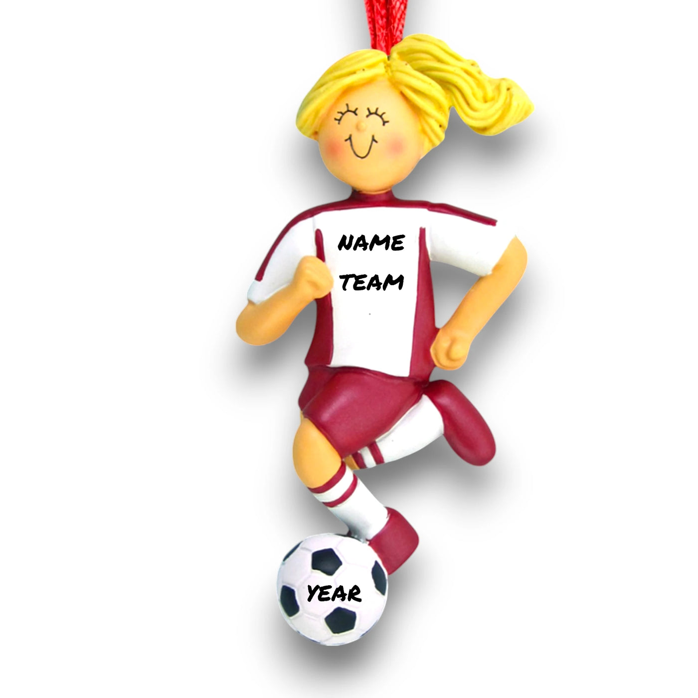 Personalized Blonde Female Dribbling Soccer Ornament in Red Uniform, customizable with name, team, and year.