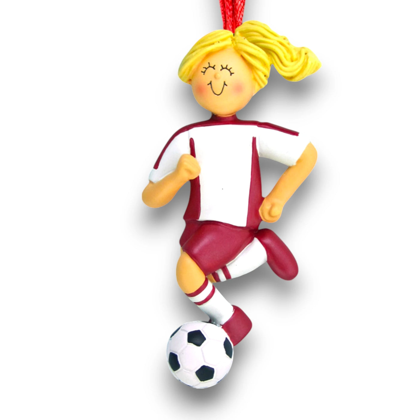 Personalized Blonde Female Dribbling Soccer Ornament in Red Uniform, customizable with name, team, and year.