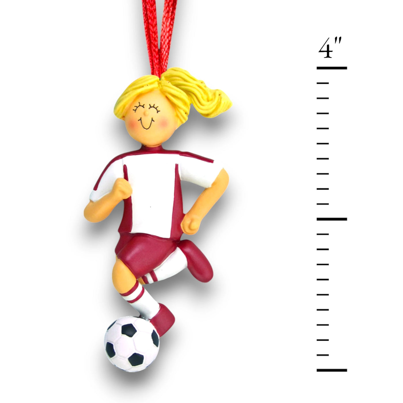 Personalized Blonde Female Dribbling Soccer Ornament in Red Uniform, customizable with name, team, and year.