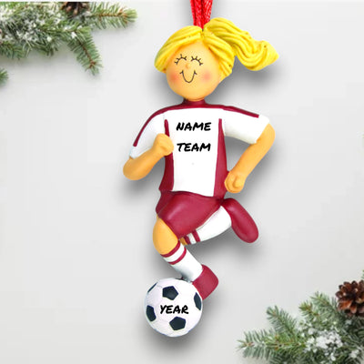 Personalized Blonde Female Dribbling Soccer Ornament in Red Uniform, customizable with name, team, and year.