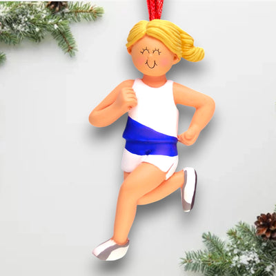 Personalized Blonde Female Runner Ornament with Custom Name and Year – Resin Christmas Ornament