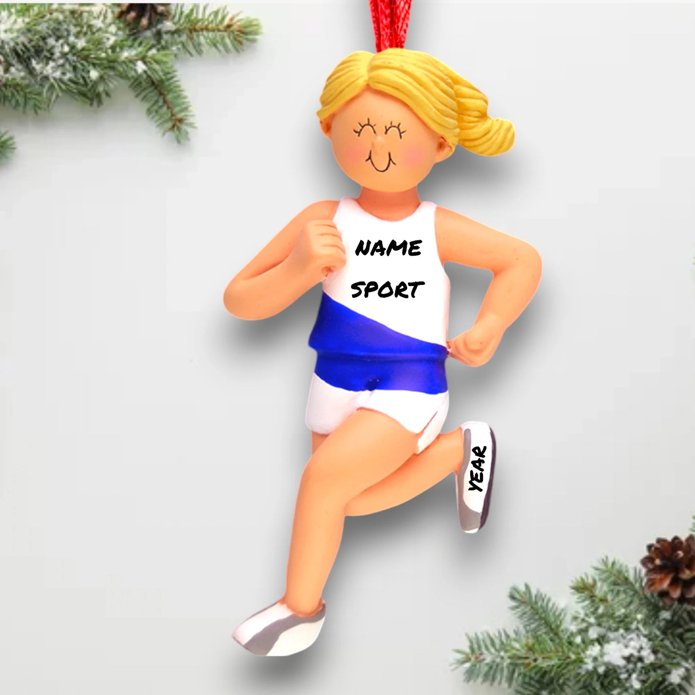 Personalized Blonde Female Runner Ornament with Custom Name and Year – Resin Christmas Ornament