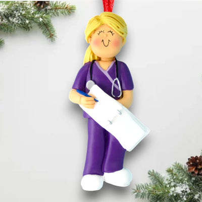 Personalized Blonde Female Scrubs Nurse Christmas Ornament with Clipboard – Custom Name and Year Resin Ornament