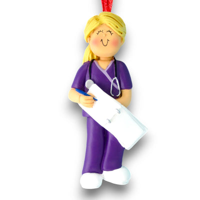 Personalized Blonde Female Scrubs Nurse Christmas Ornament with Clipboard – Custom Name and Year Resin Ornament