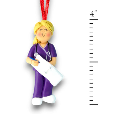 Personalized Blonde Female Scrubs Nurse Christmas Ornament with Clipboard – Custom Name and Year Resin Ornament