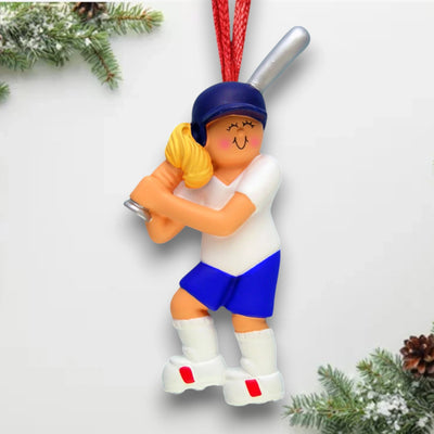 Personalized Blonde Female Softball Christmas Ornament with Name and Year – Blue and White Resin Christmas Ornament.