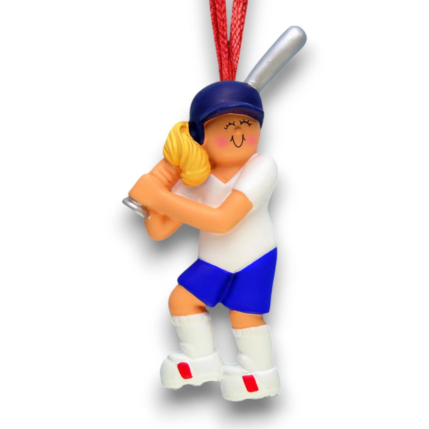 Personalized Blonde Female Softball Christmas Ornament with Name and Year – Blue and White Resin Christmas Ornament.