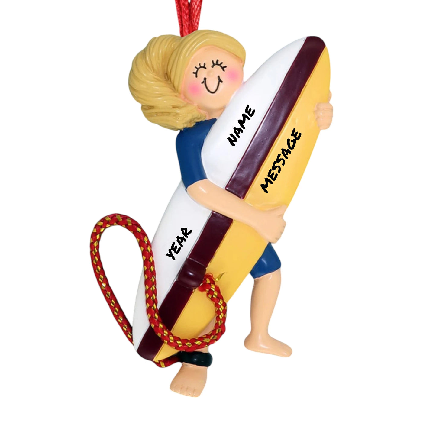 Personalized Blonde Female Surfer Christmas Ornament with custom name, year, and message.