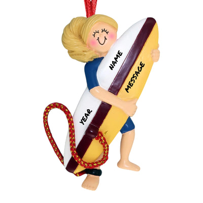 Personalized Blonde Female Surfer Christmas Ornament with custom name, year, and message.