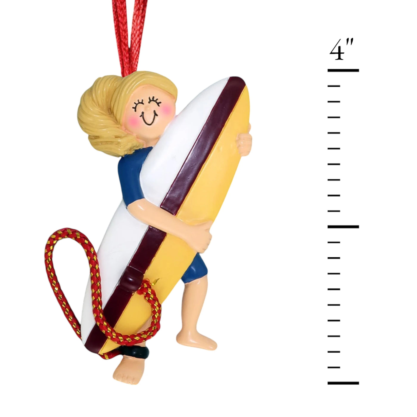 Personalized Blonde Female Surfer Christmas Ornament with custom name, year, and message.