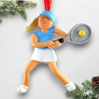 Personalized Blonde Female Tennis Player Ornament with Name and Year – Blue and White Resin Christmas Ornament.