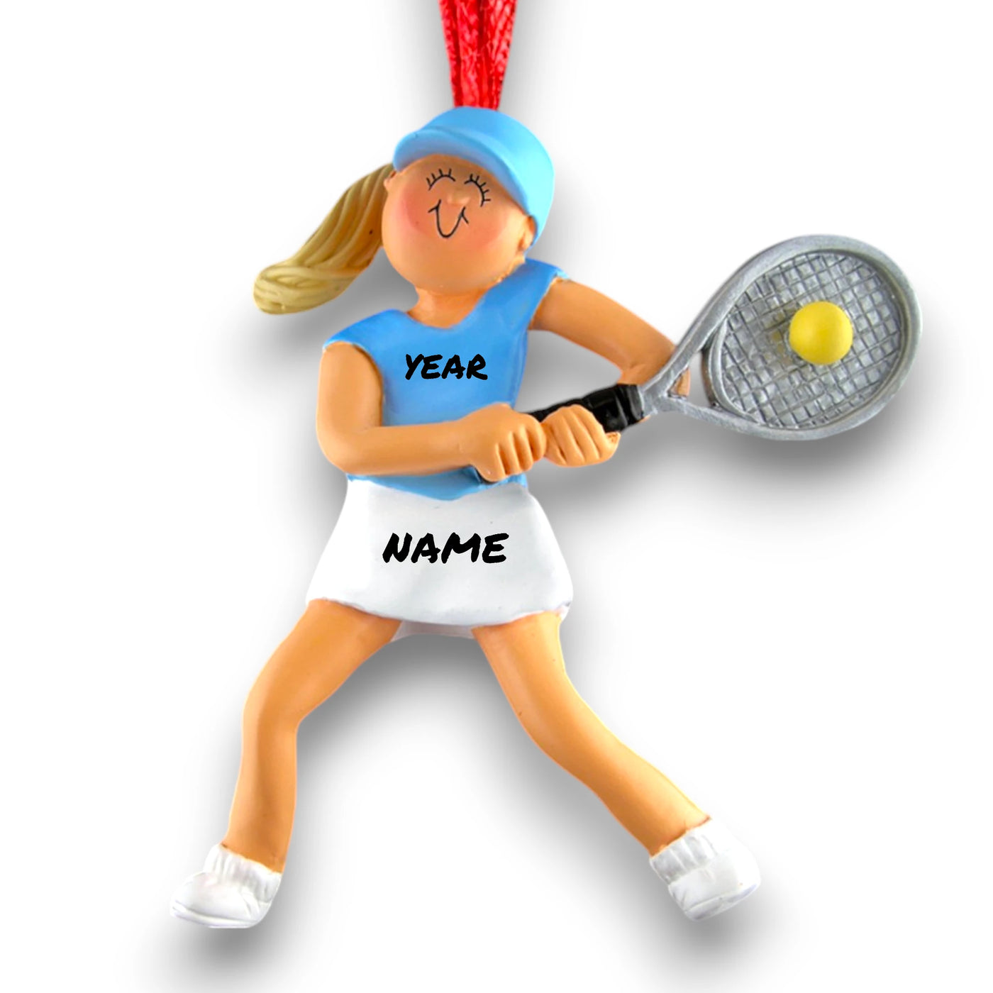 Personalized Blonde Female Tennis Player Ornament with Name and Year – Blue and White Resin Christmas Ornament.