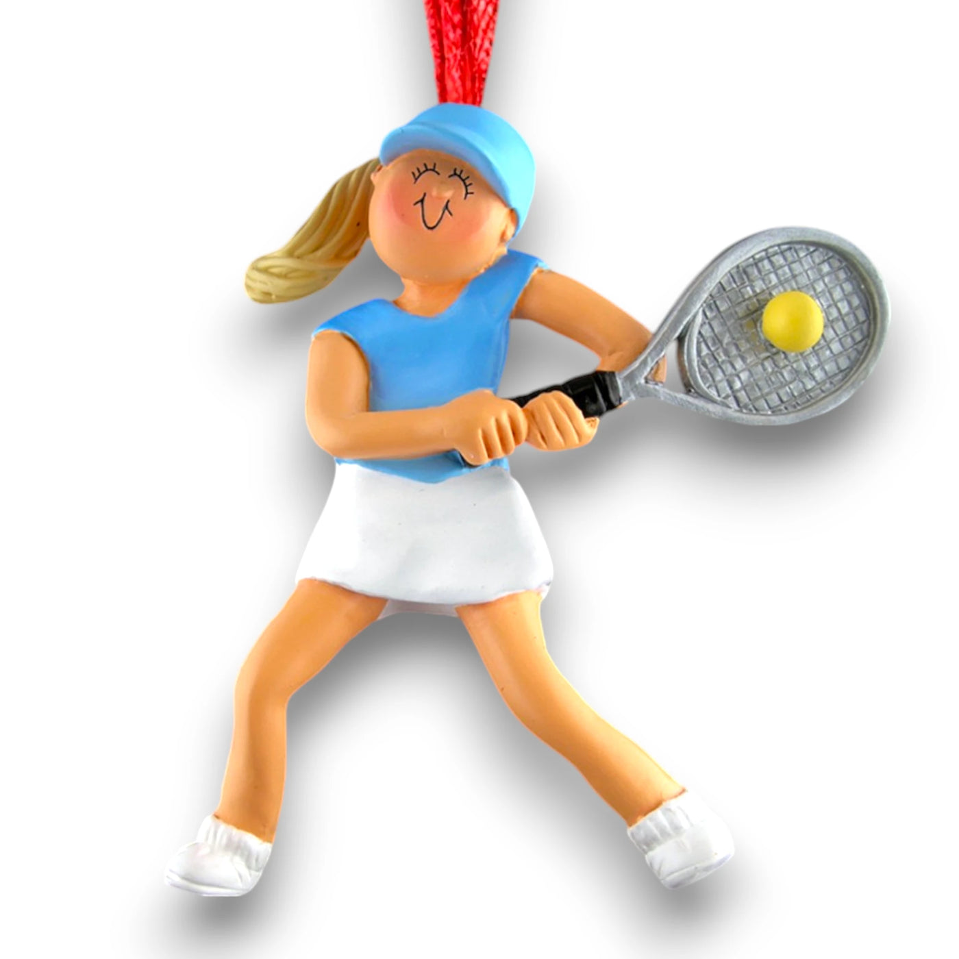 Personalized Blonde Female Tennis Player Ornament with Name and Year – Blue and White Resin Christmas Ornament.