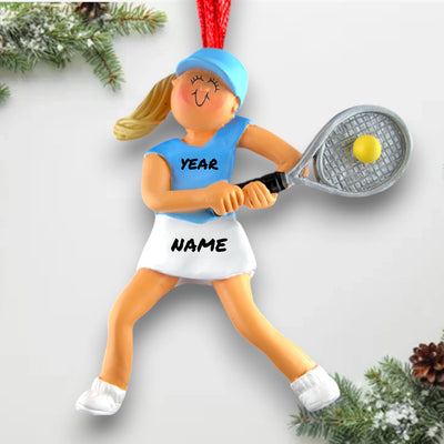 Personalized Blonde Female Tennis Player Ornament with Name and Year – Blue and White Resin Christmas Ornament.