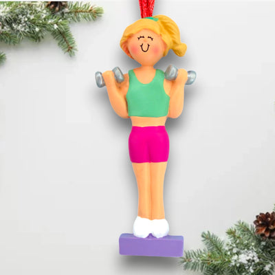 Personalized Blonde Female Weight Lifter Ornament with Custom Name and Year – Resin Christmas Ornament