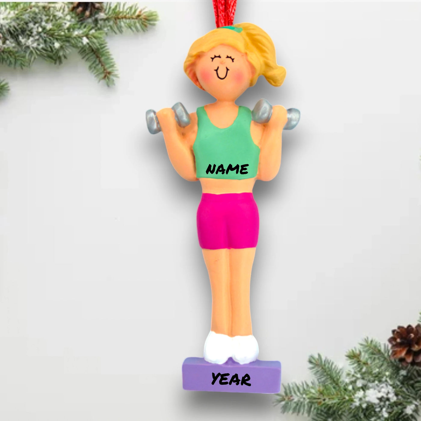 Personalized Blonde Female Weight Lifter Ornament with Custom Name and Year – Resin Christmas Ornament