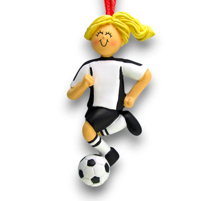 Personalized Blonde Female Soccer Ornament in White Uniform dribbling a soccer ball, customizable with name, team, and year.