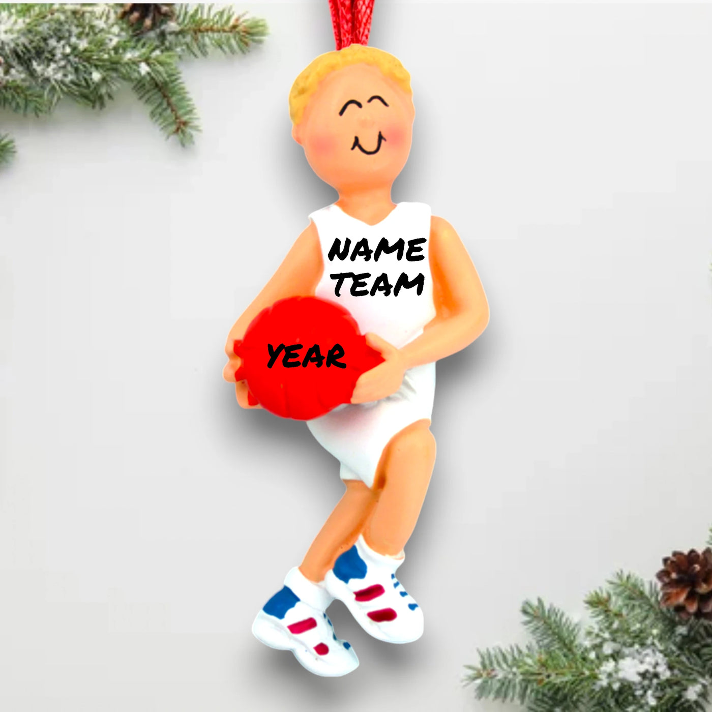 Personalized Blonde Male Basketball Ornament with Custom Name, Team, and Year – 4-inch Resin Ornament for Sports Enthusiasts