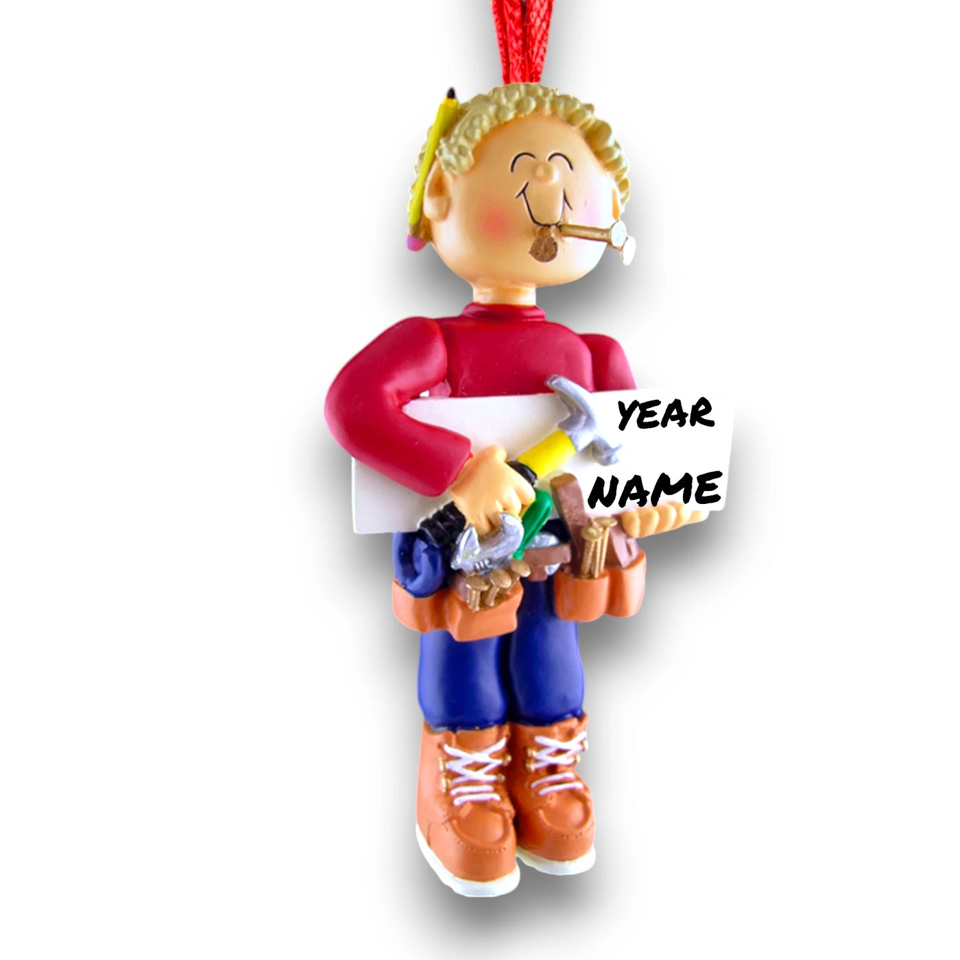 Personalized Blonde Male Carpenter Christmas Ornament with Tools – Custom Name and Year Resin Ornament