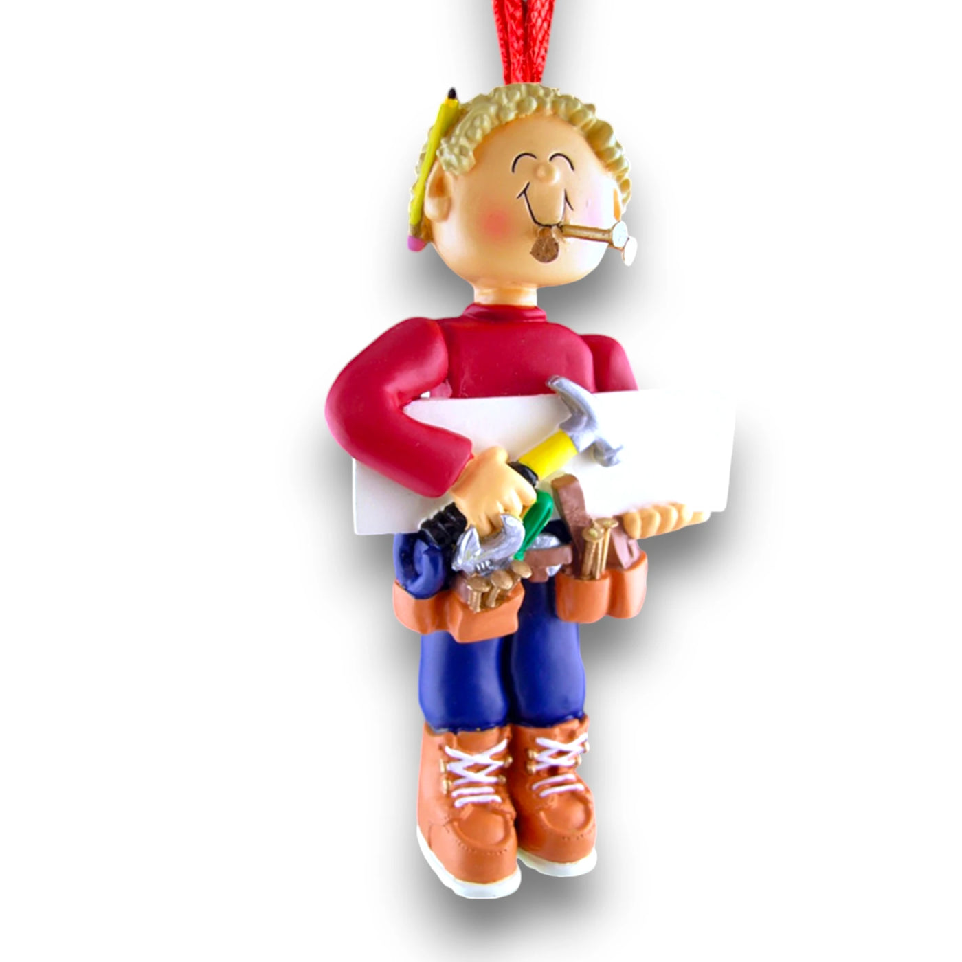 Personalized Blonde Male Carpenter Christmas Ornament with Tools – Custom Name and Year Resin Ornament