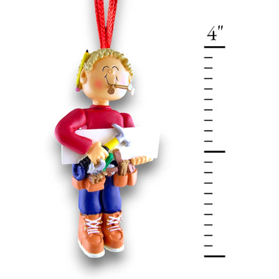 Personalized Blonde Male Carpenter Christmas Ornament with Tools – Custom Name and Year Resin Ornament