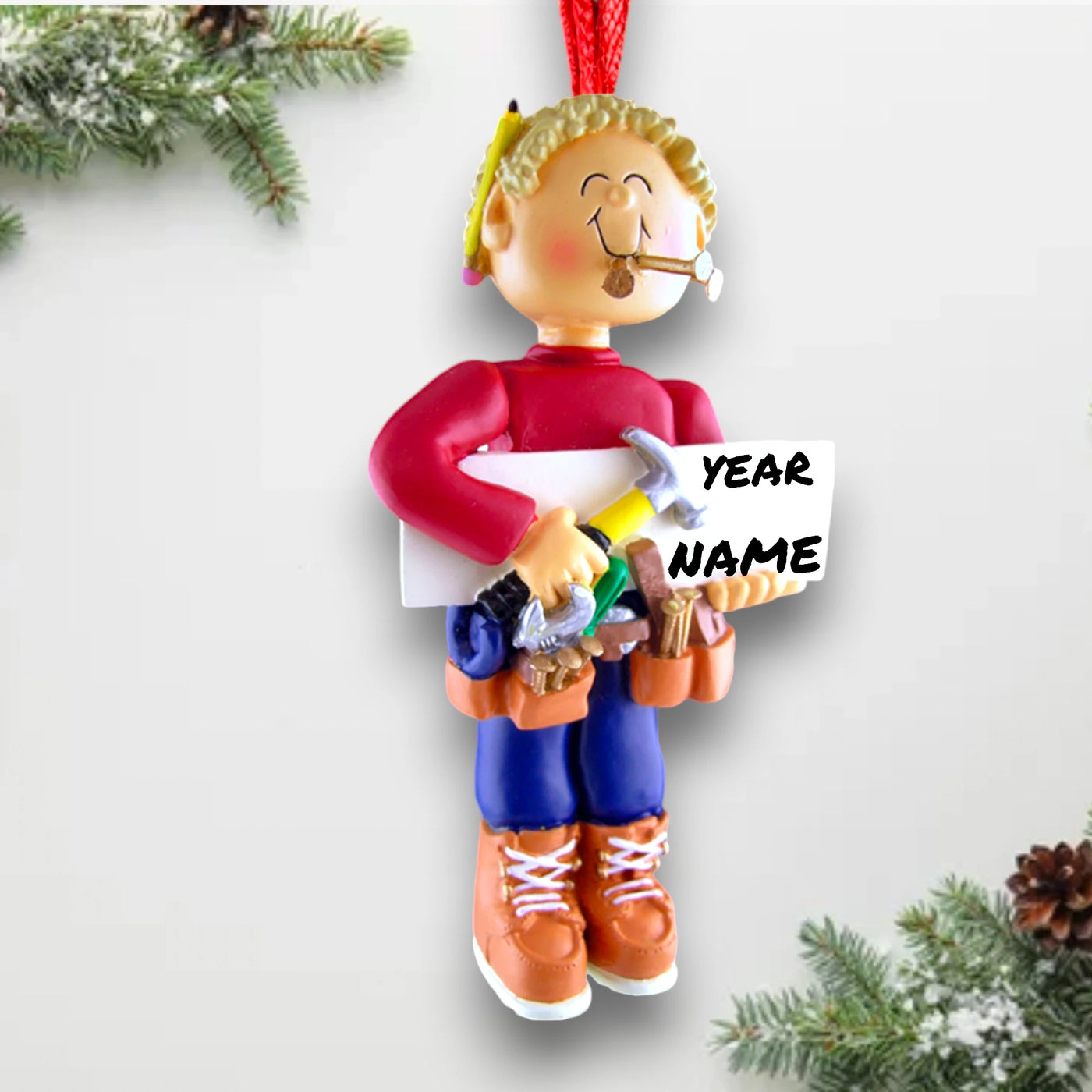 Personalized Blonde Male Carpenter Christmas Ornament with Tools – Custom Name and Year Resin Ornament