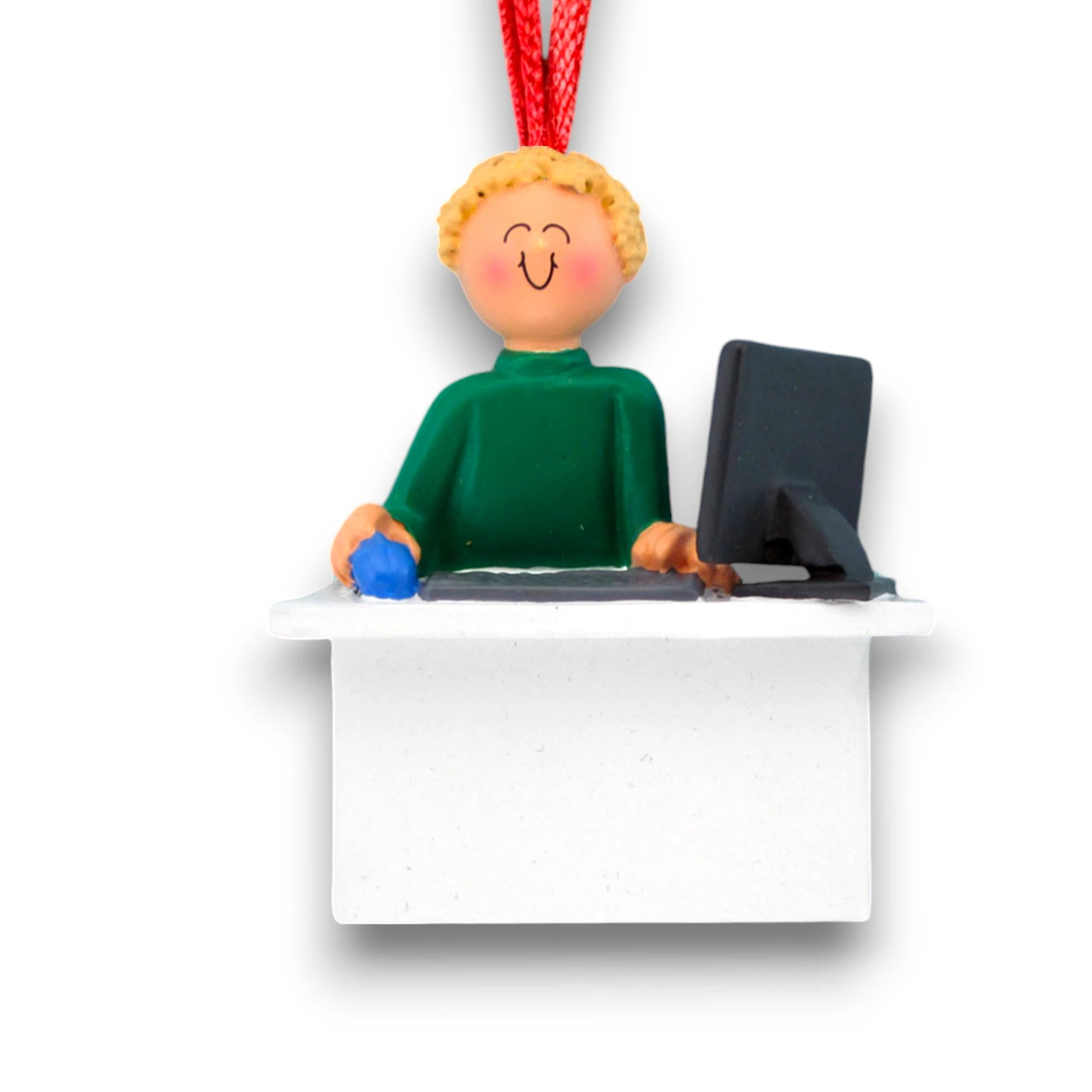 Personalized Blonde Male Computer User Christmas Ornament at desk with computer – Custom Name and Year Resin Ornament