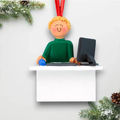 Personalized Blonde Male Computer User Christmas Ornament at desk with computer – Custom Name and Year Resin Ornament