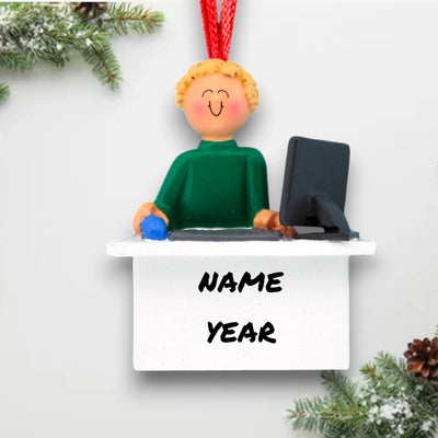 Personalized Blonde Male Computer User Christmas Ornament at desk with computer – Custom Name and Year Resin Ornament