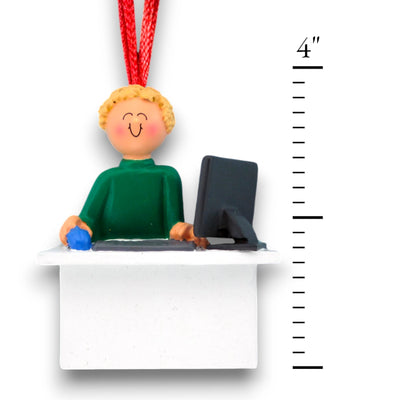 Personalized Blonde Male Computer User Christmas Ornament at desk with computer – Custom Name and Year Resin Ornament