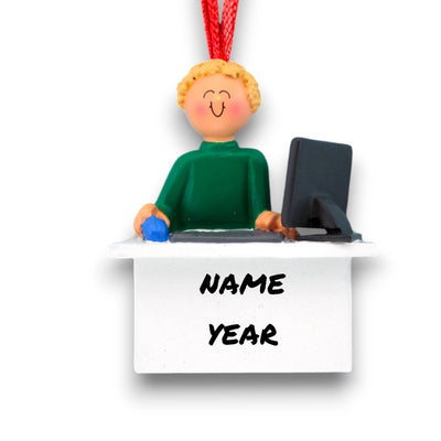 Personalized Blonde Male Computer User Christmas Ornament at desk with computer – Custom Name and Year Resin Ornament