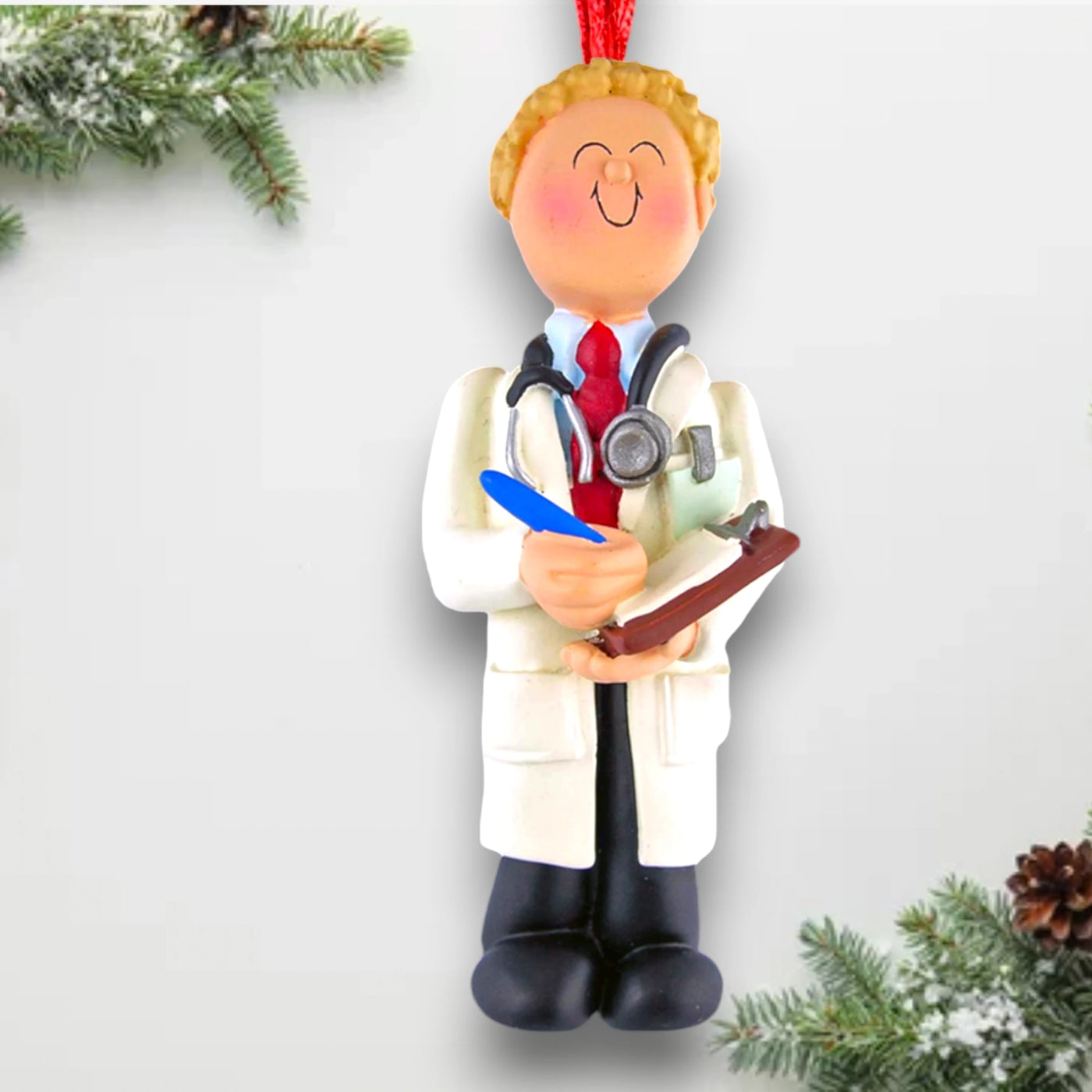 Personalized Blonde Male Doctor Christmas Ornament with Stethoscope and Clipboard – Custom Name and Year Resin Ornament