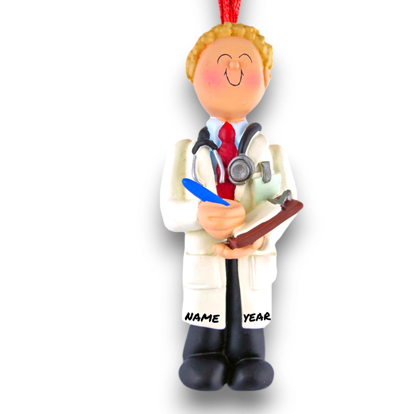 Personalized Blonde Male Doctor Christmas Ornament with Stethoscope and Clipboard – Custom Name and Year Resin Ornament