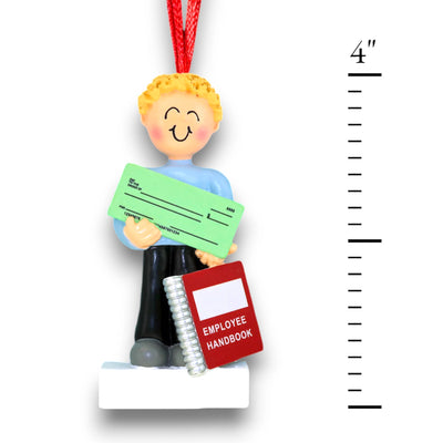 Personalized Blonde Male First New Job Christmas Ornament with Paycheck and Employee Handbook – Customizable Name, Year, Company Name, and Message


