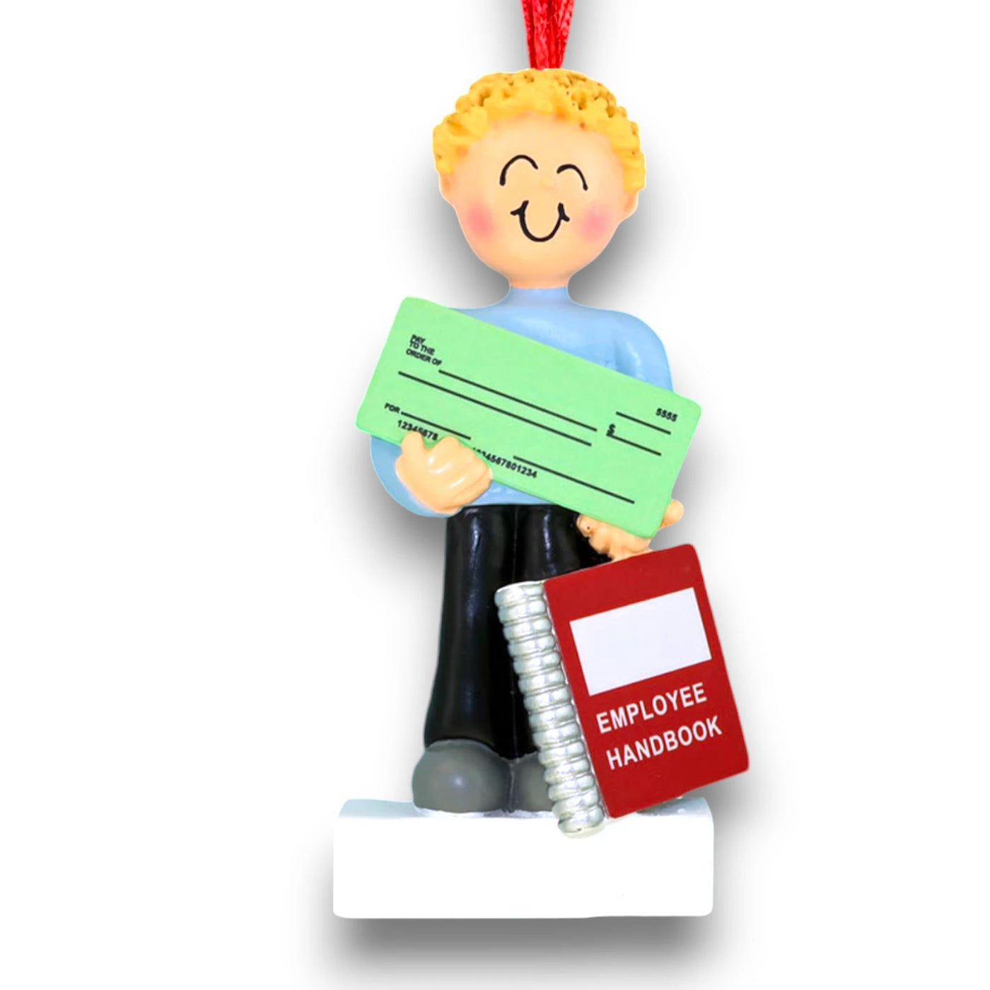 Personalized Blonde Male First New Job Christmas Ornament with Paycheck and Employee Handbook – Customizable Name, Year, Company Name, and Message


