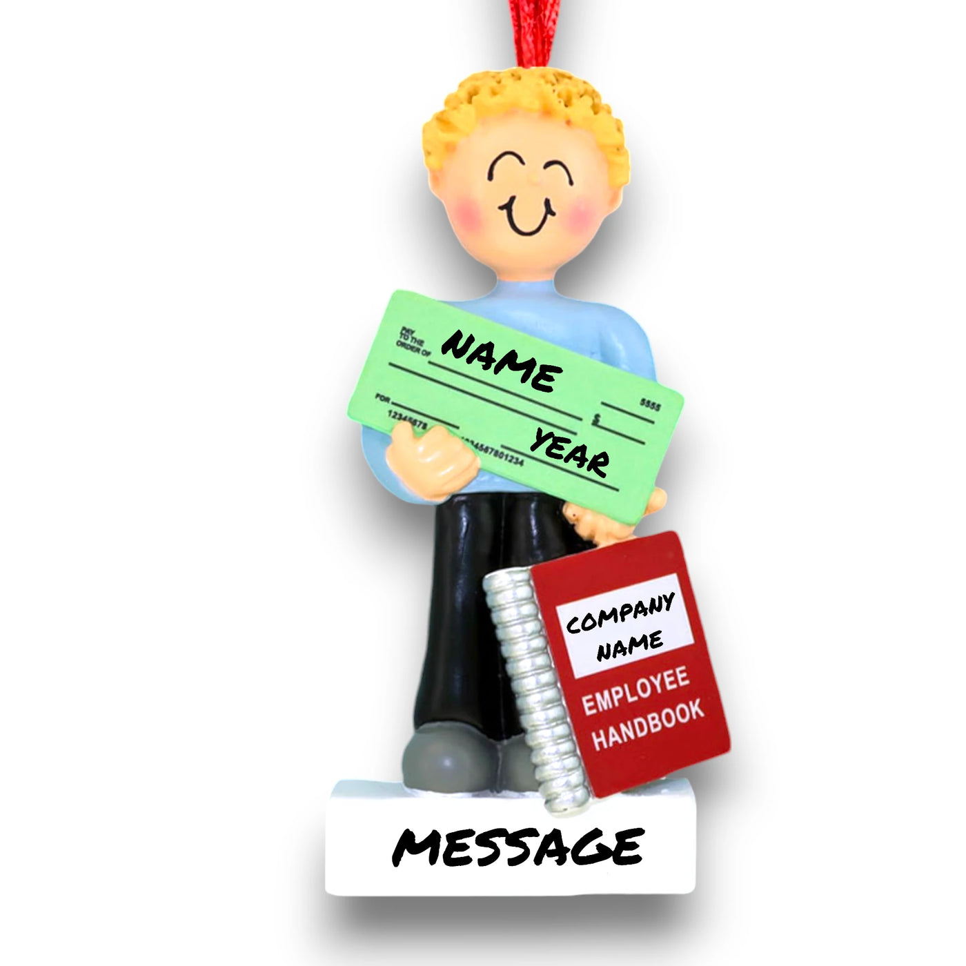 Personalized Blonde Male First New Job Christmas Ornament with Paycheck and Employee Handbook – Customizable Name, Year, Company Name, and Message


