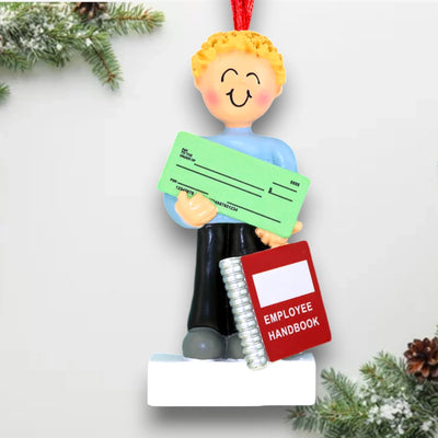 Personalized Blonde Male First New Job Christmas Ornament with Paycheck and Employee Handbook – Customizable Name, Year, Company Name, and Message


