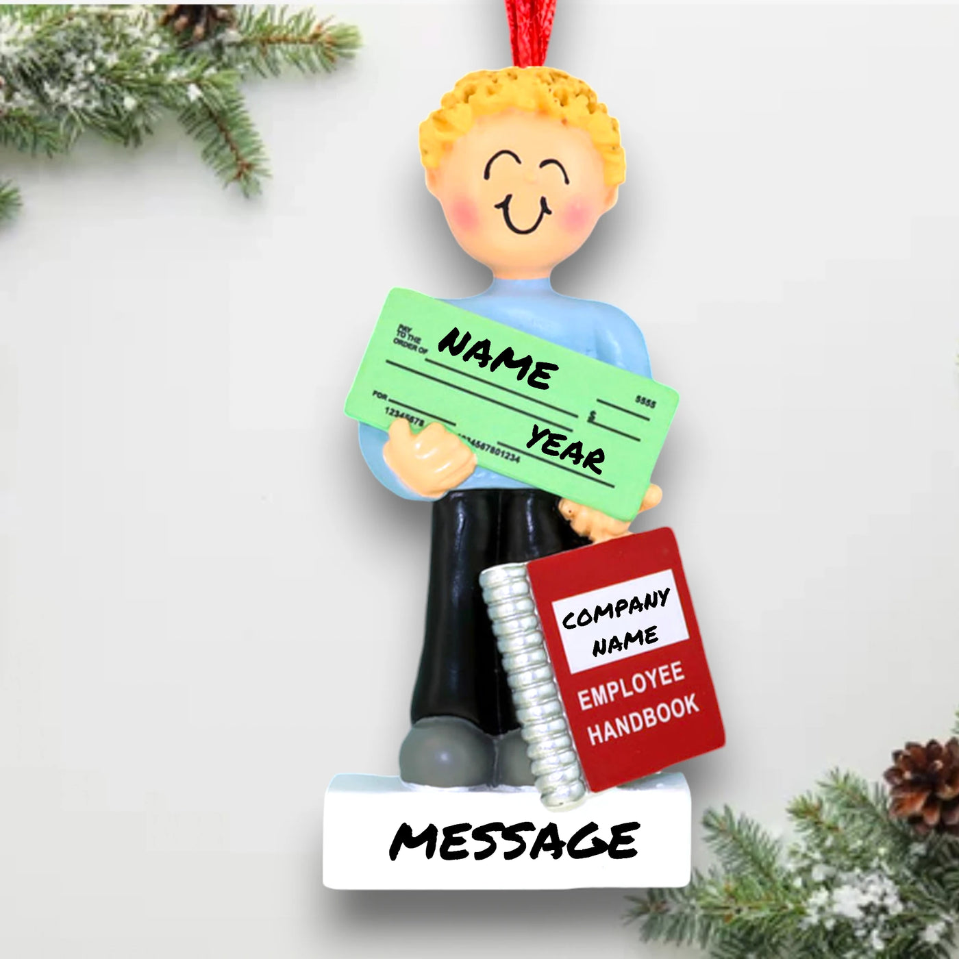 Personalized Blonde Male First New Job Christmas Ornament with Paycheck and Employee Handbook – Customizable Name, Year, Company Name, and Message


