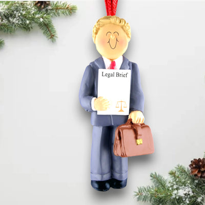 Personalized Blonde Male Lawyer Christmas Ornament with Briefcase and Legal Brief – Custom Name and Year Resin Ornament